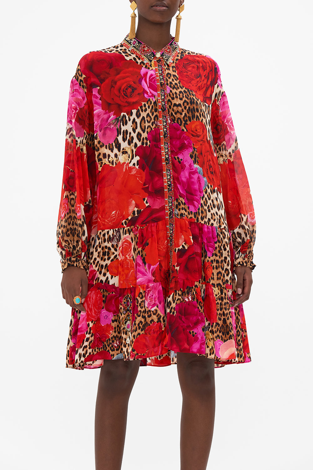 Detail view of model wearing CAMILLA floral shirt dress in Heart Like A Wildflower print