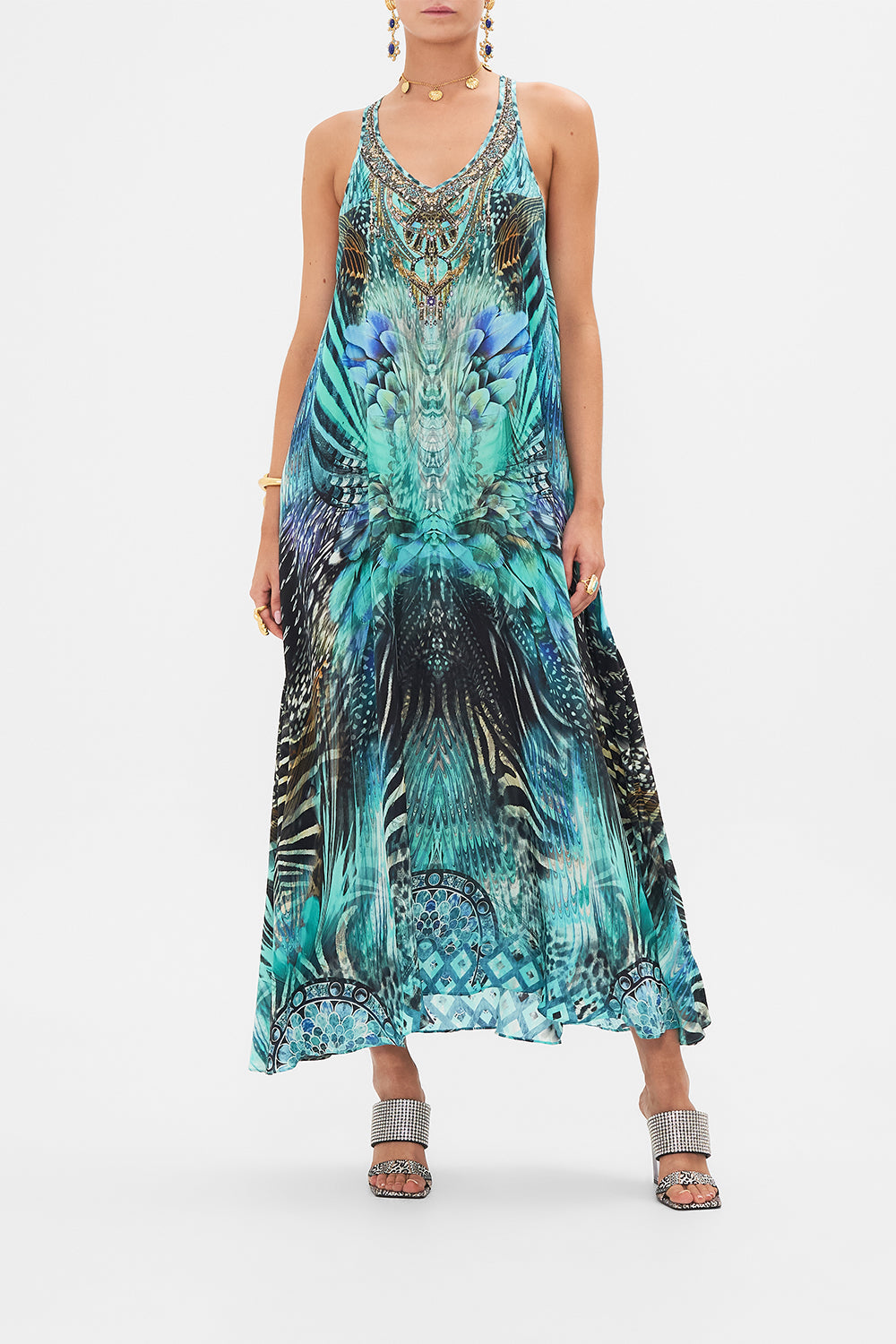 Front view of model wearing CAMILLA silk maxi dress in Azure Allure print