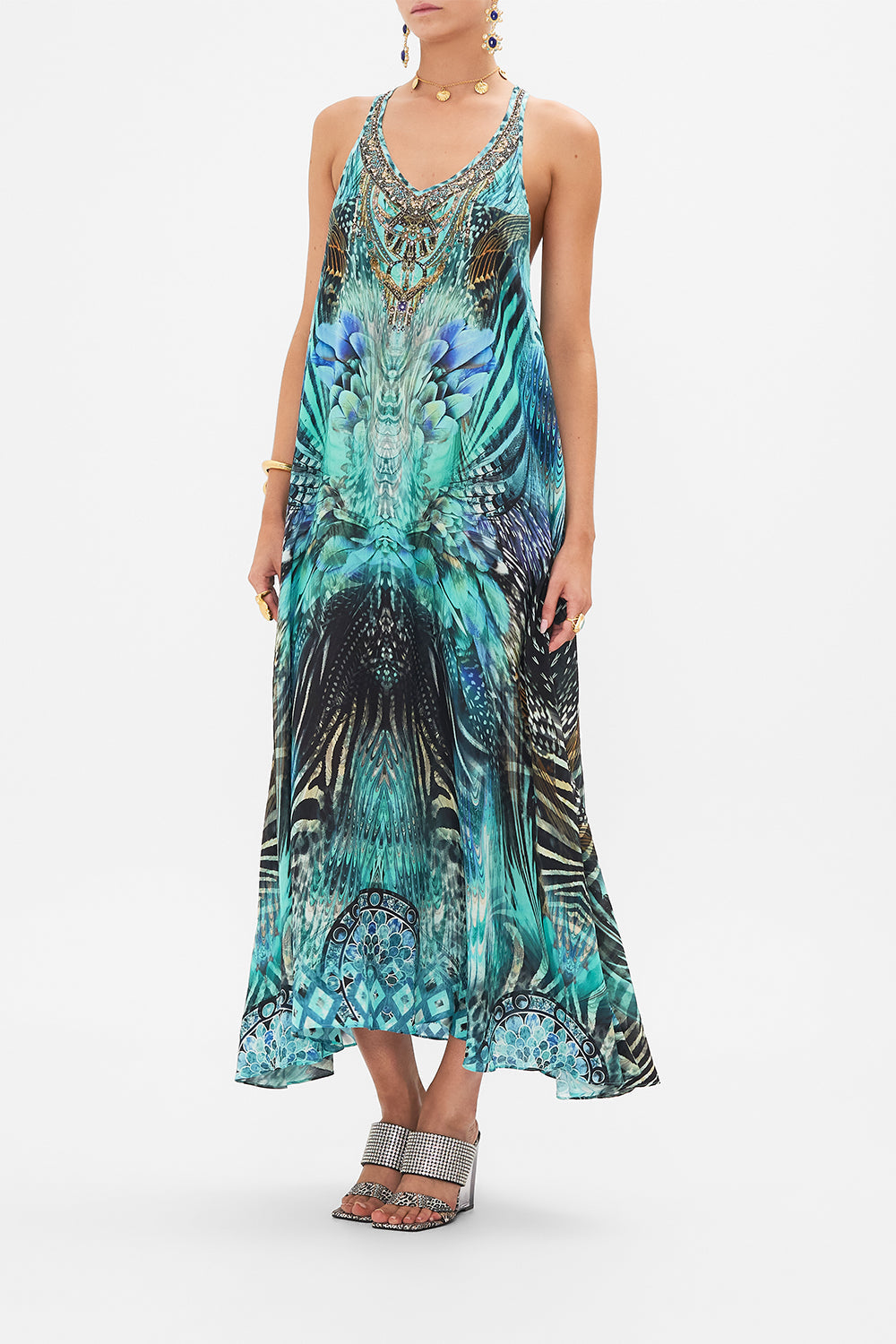 Side view of model wearing CAMILLA silk maxi dress in Azure Allure print