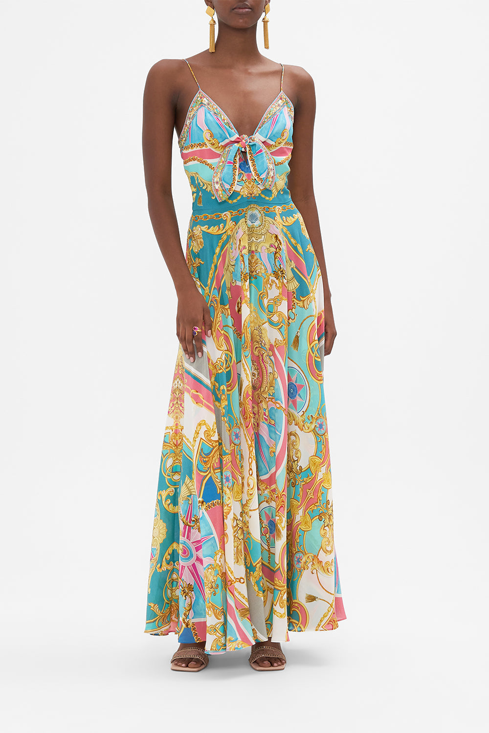 Front view of model wearing CAMILLA maxi dress in Sail Away With Me print