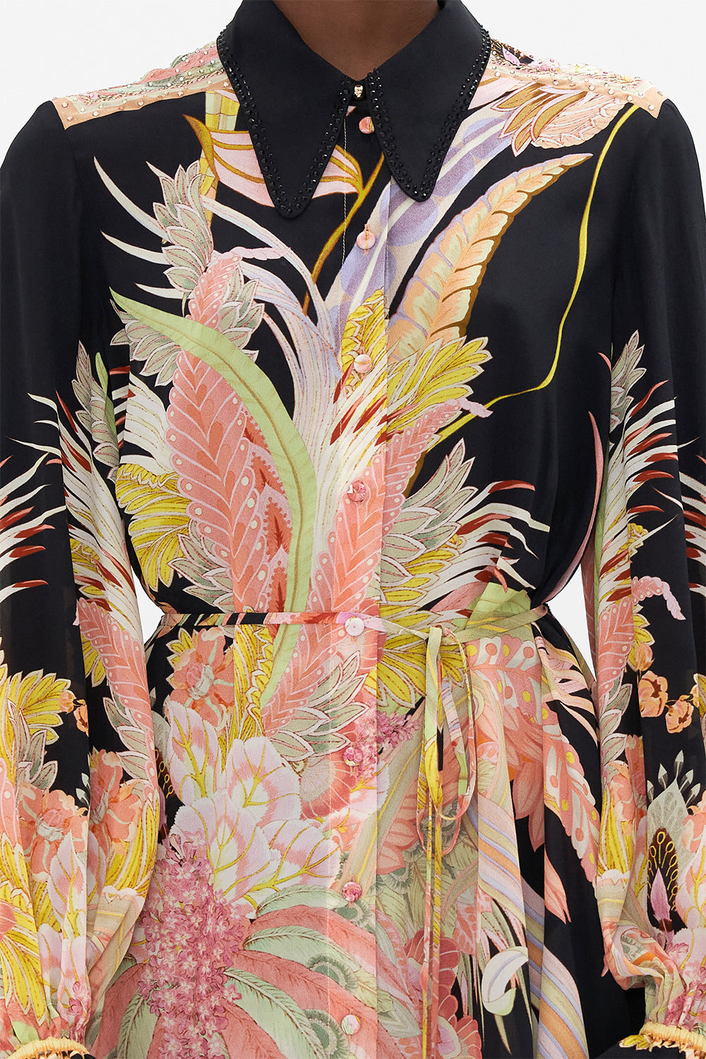 Detail view of model wearing CAMILLA silk shirt dress Lady Of The Moon print