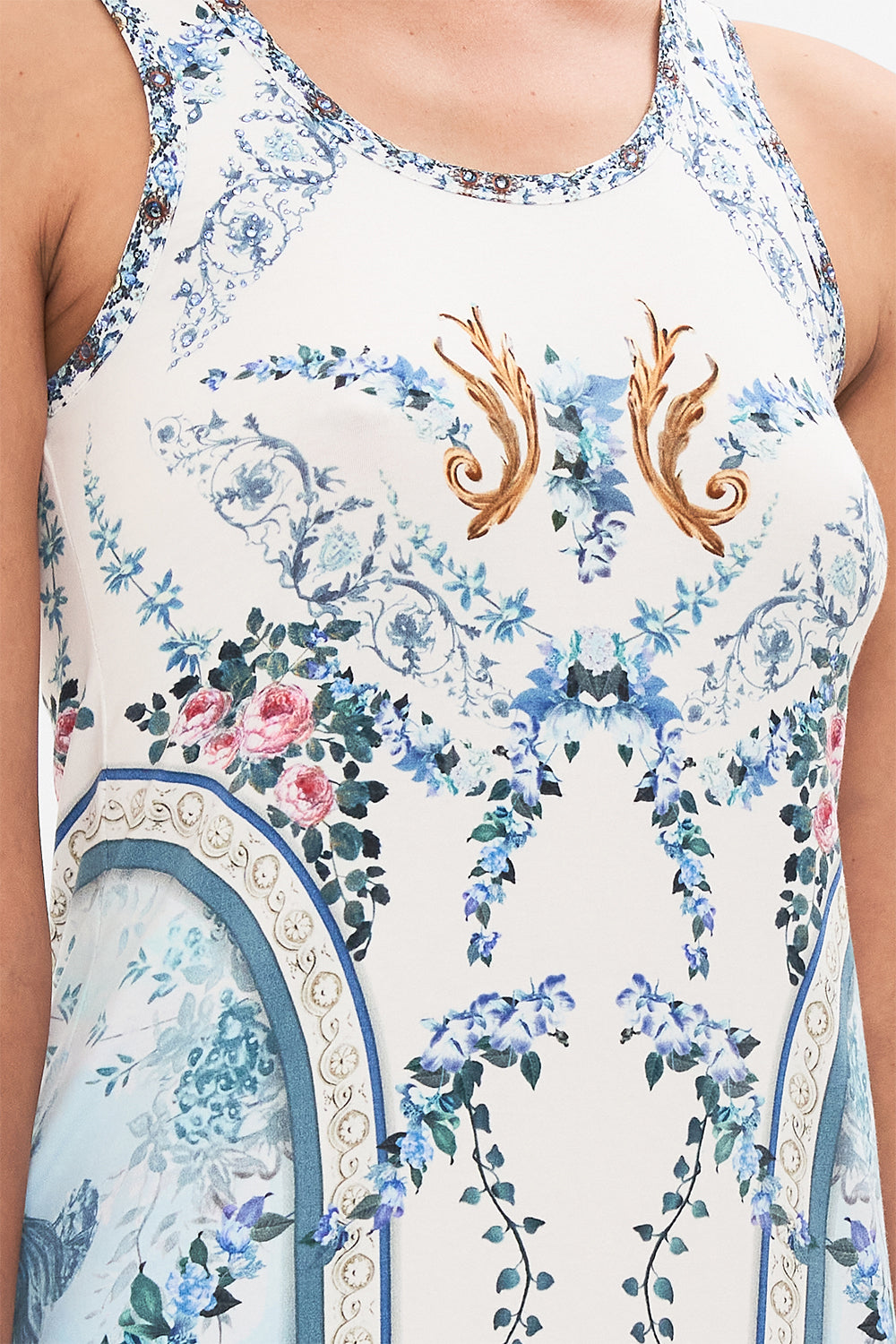 Detail view of model wearing CAMILLA Jersey tank dress in Seasson of The Siren print