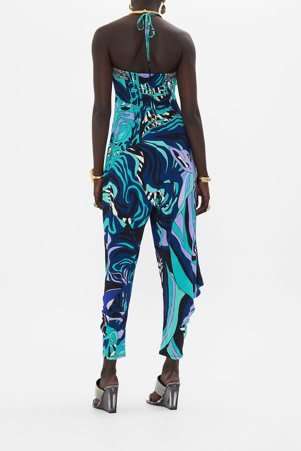 Back view of model wearing CAMILLA silk jumpsuit in Vividly Venice print