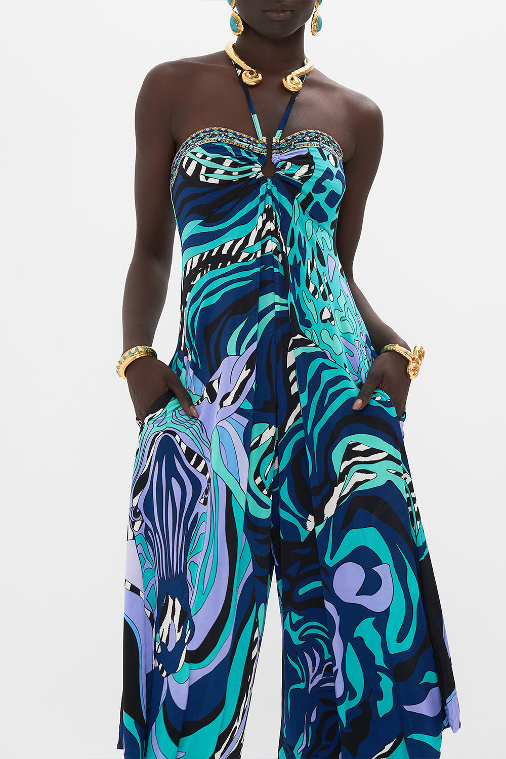 Crop view of model wearing CAMILLA silk jumpsuit in Vividly Venice print