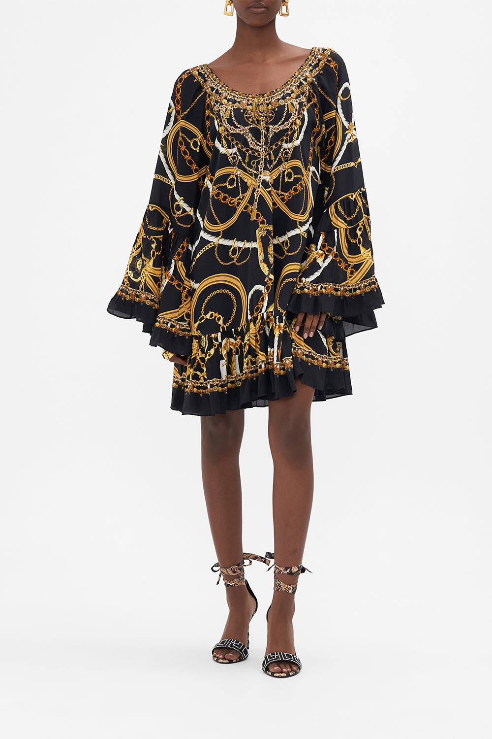 Front view of model wearing CAMILLA A line silk dress in Coast to Coast print