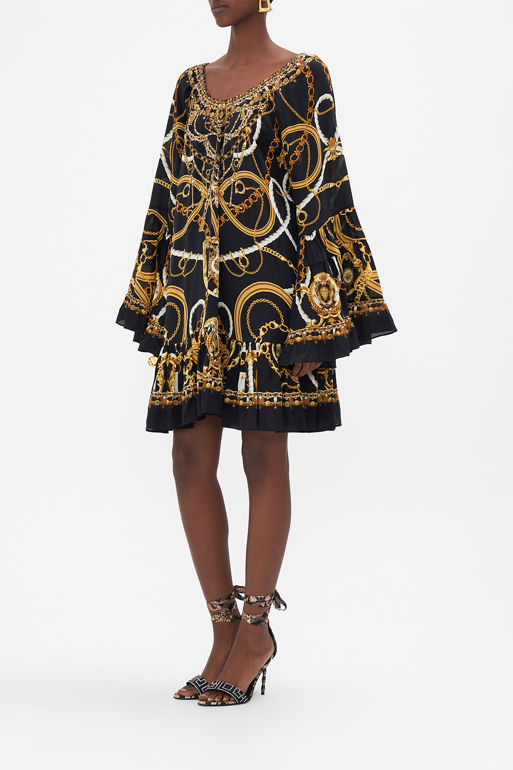 Side view of model wearing CAMILLA A line silk dress in Coast to Coast print