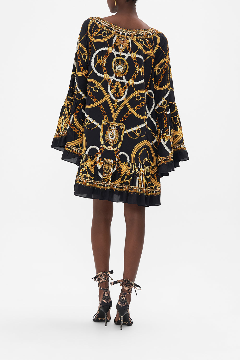 Back view of model wearing CAMILLA A line silk dress in Coast to Coast print