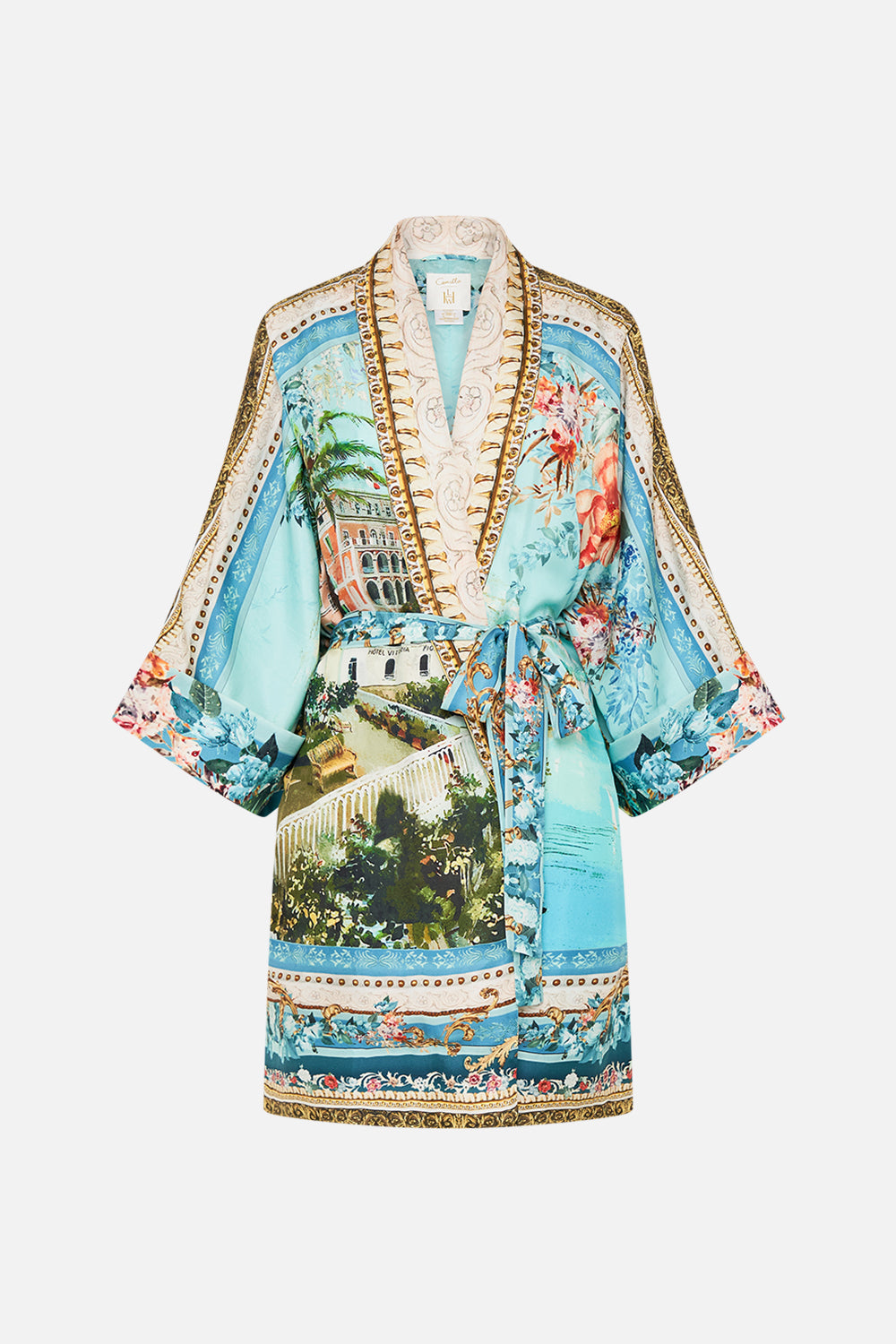Product view of CAMILLA silk robe in from Sorrento With Love print