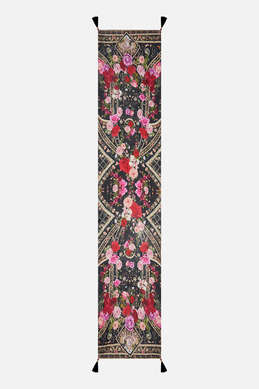 Product view of CSAMILLA floral print long silk scarf in Reservation For Love print 