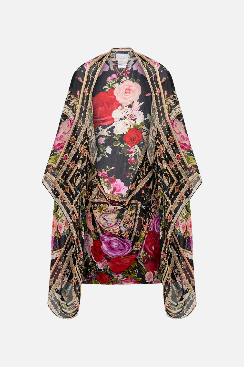 Product view of CAMILLA floral silk shrug in Reservation for Love print 