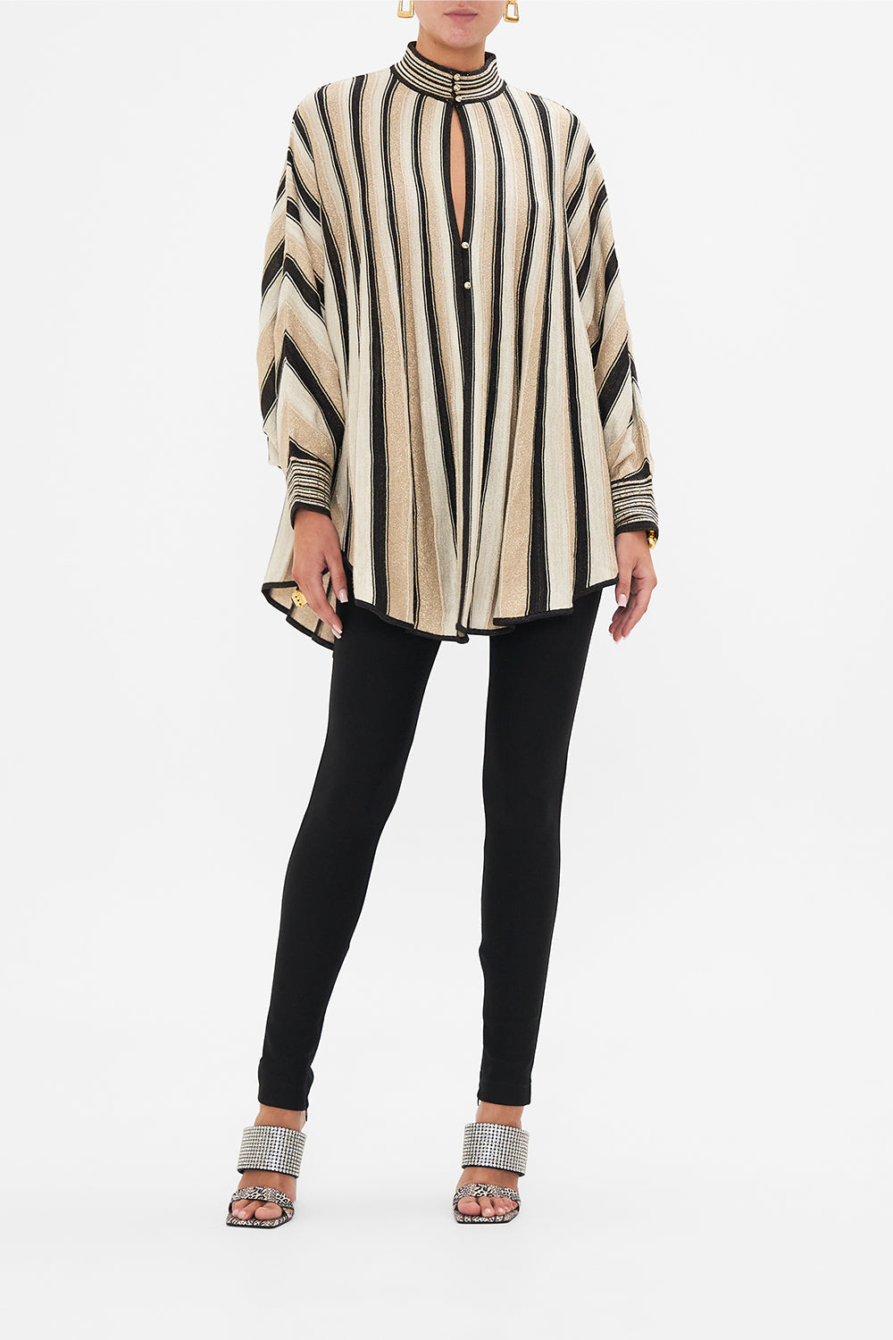 Front view of model wearing CAMILLA luxury knit in Soul Of A Star Gazer print