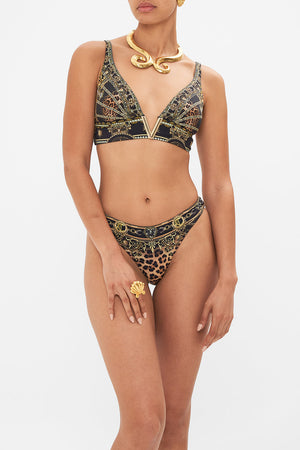 Crop view of model wearing CAMILLA designer bikini top in Masked At Moonlight print