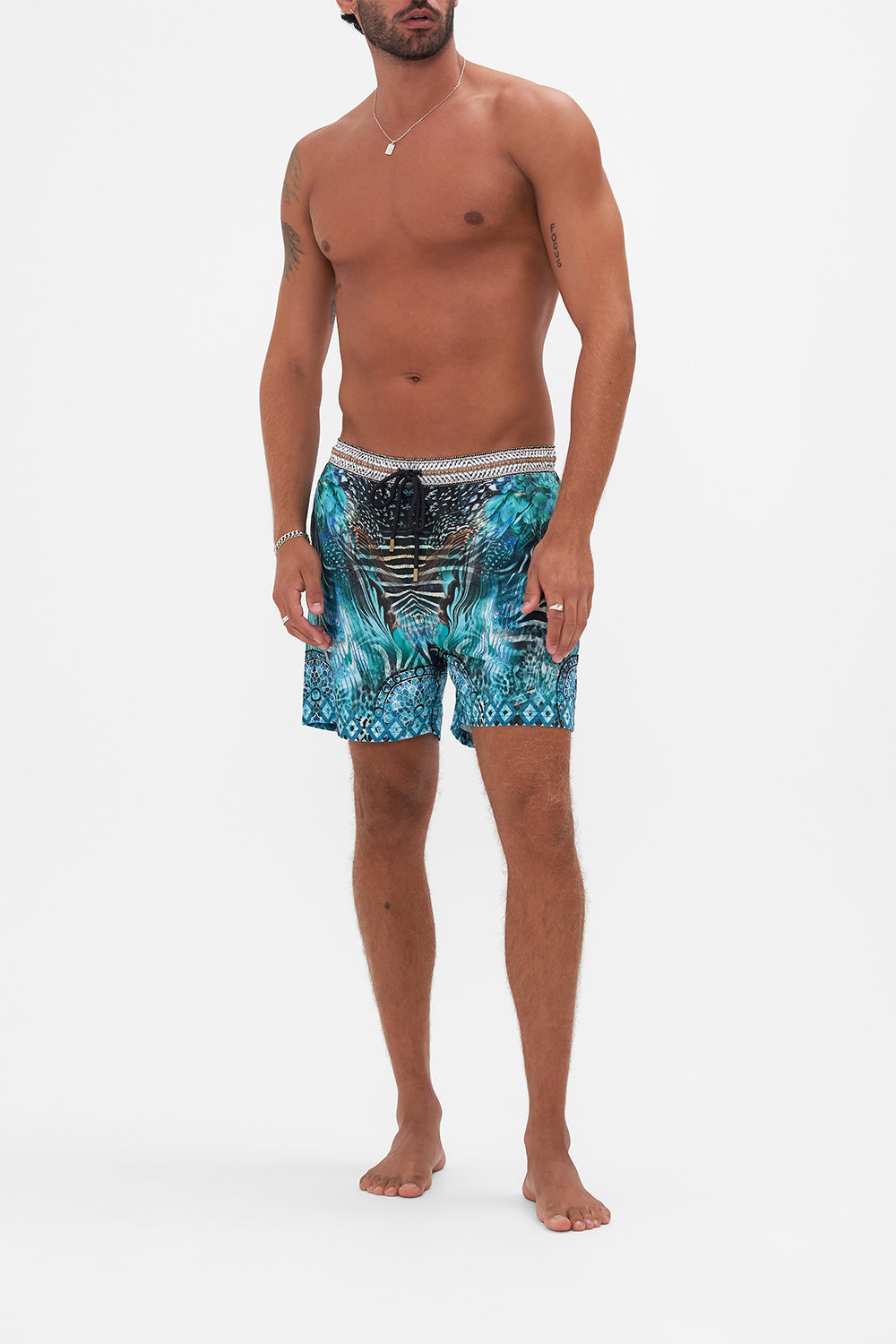 Front view of model wearing Hotel Franks By CAMILLA luxury mens boardshorts in Azure Allure