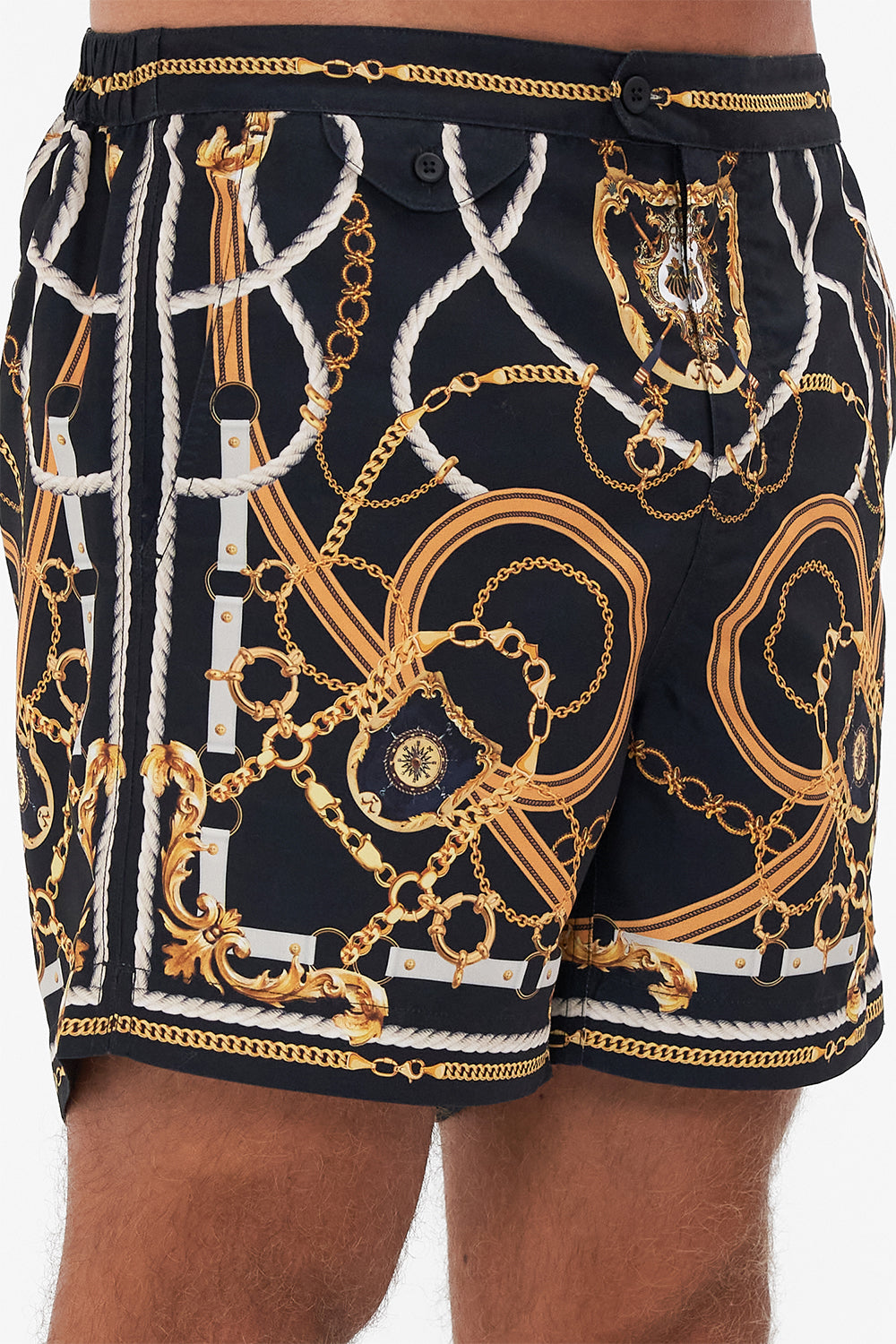 Detail view of model wearing Hotel Franks By CAMILLA mens swim short in Coast to Coast print 