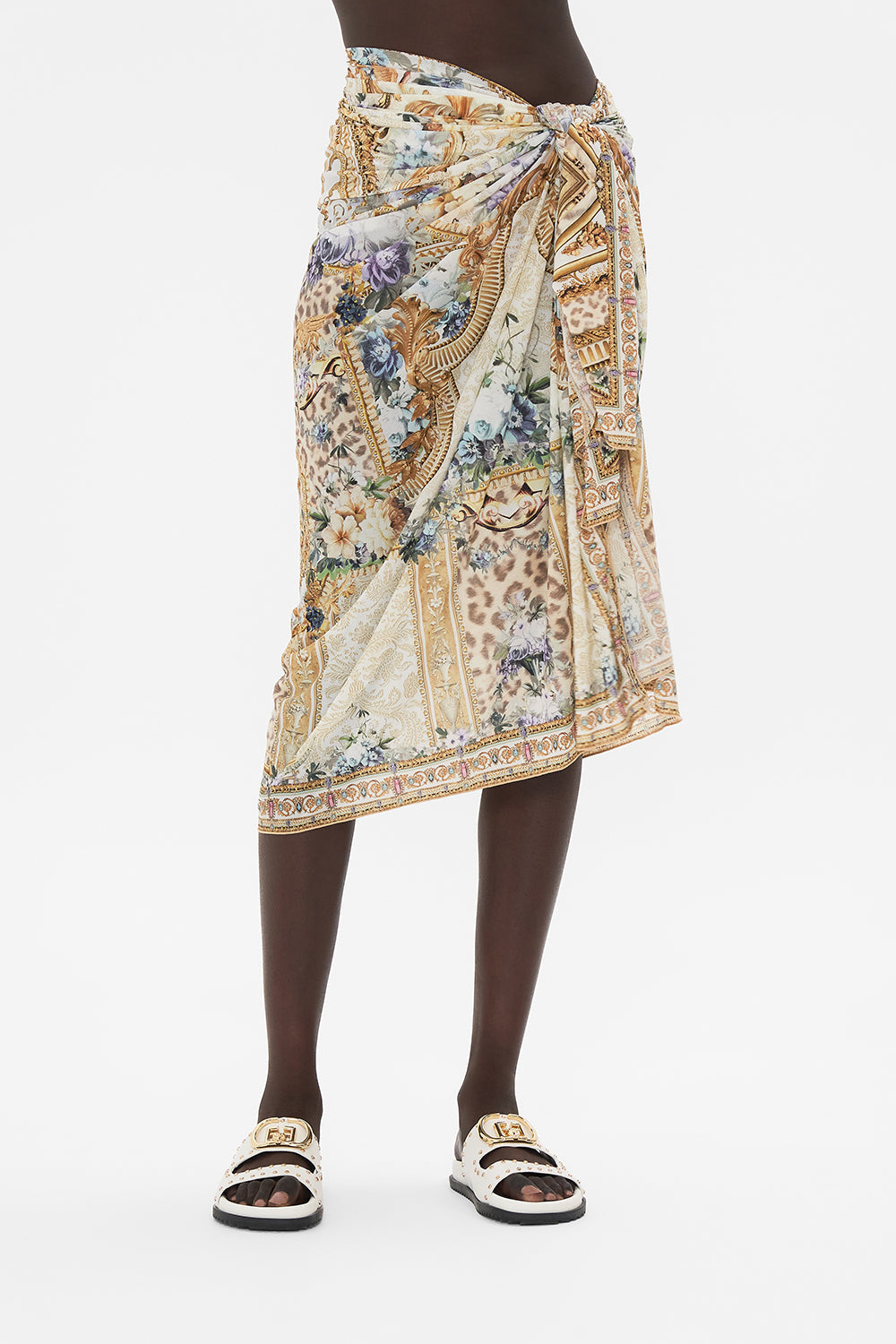 Detail view of model wearing CAMILLA resortwear sarong in Palazzo Playdate print