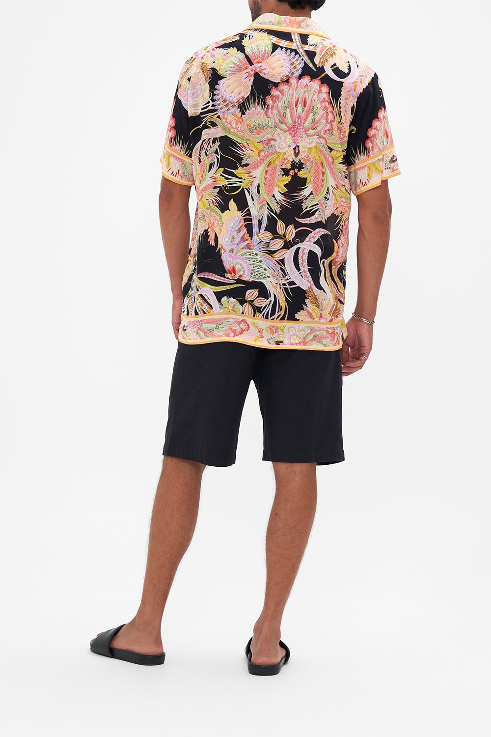 Back view of model wearing Hotel Franks by CAMILLA mens camp collared shirt in Lady of the Moon print