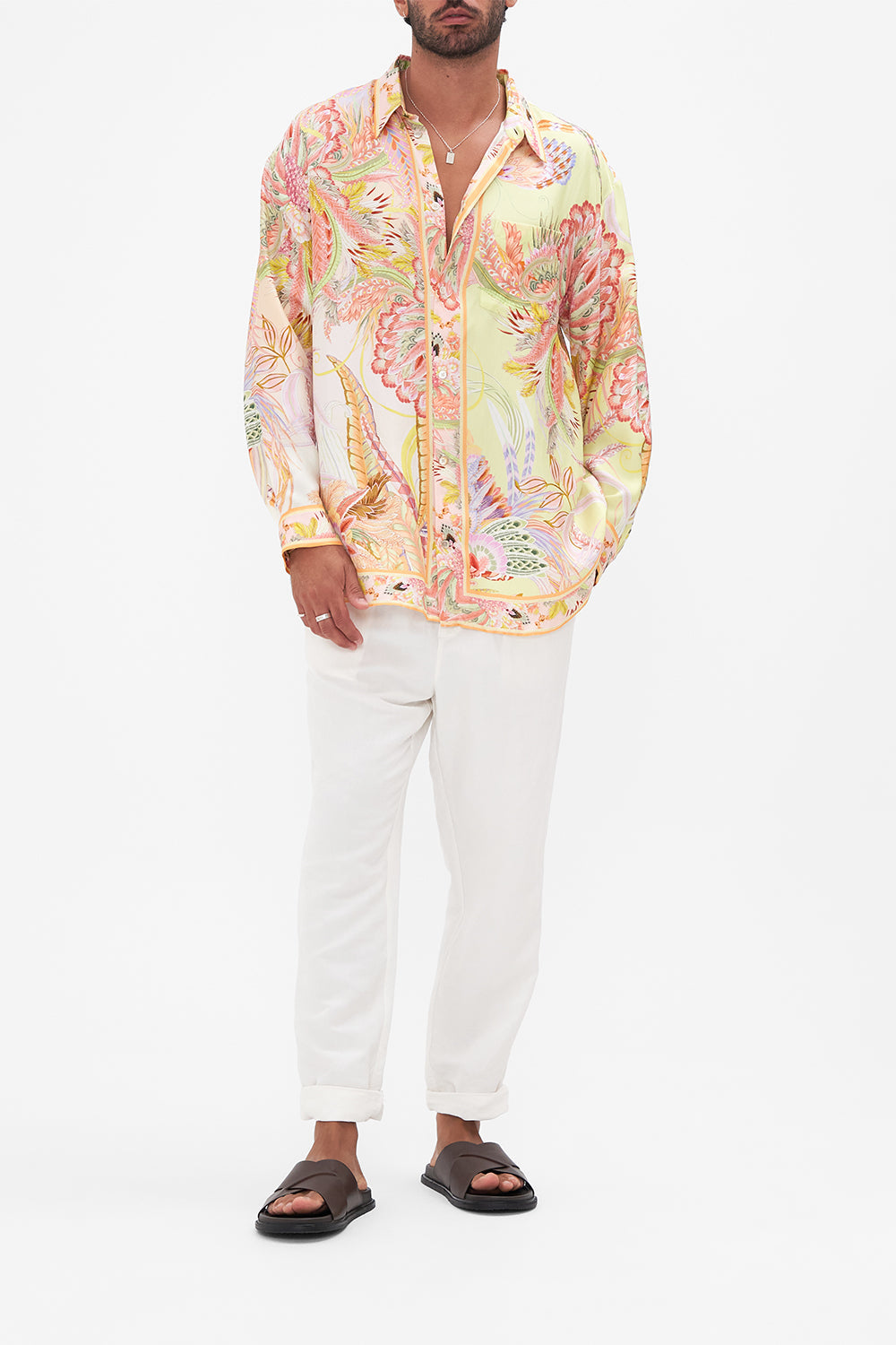 Front view of model wearing Hotel Franks by CAMILLA mens silk shirt in Cosmic Tuscan print