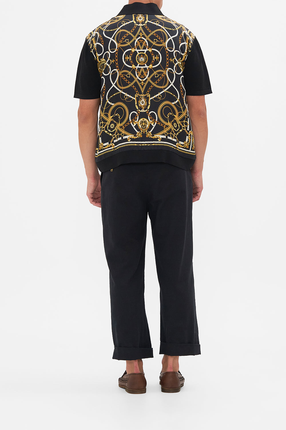 Back view of model wearing Hotel Franks By CAMILLA mens silk shirt in Coast to Coast print