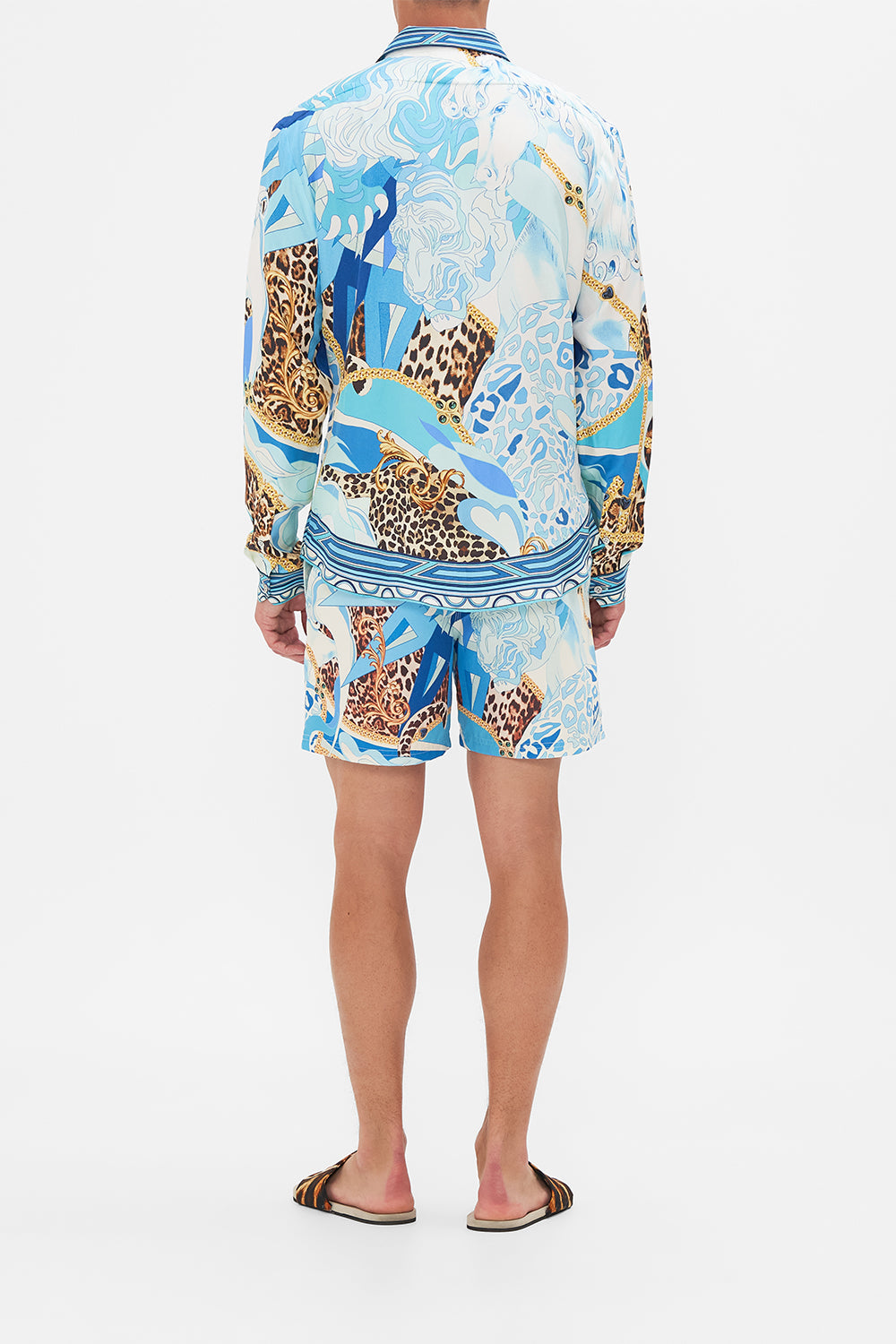 Back view of model wearing Hotel Franks By CAMILLA mens long sleeve shirt Sky Cheetah print