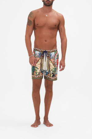 Front view of model wearing HOTEL FRANKS BY CAMILLA mens boardshort in Alessandro's Atlantis print
