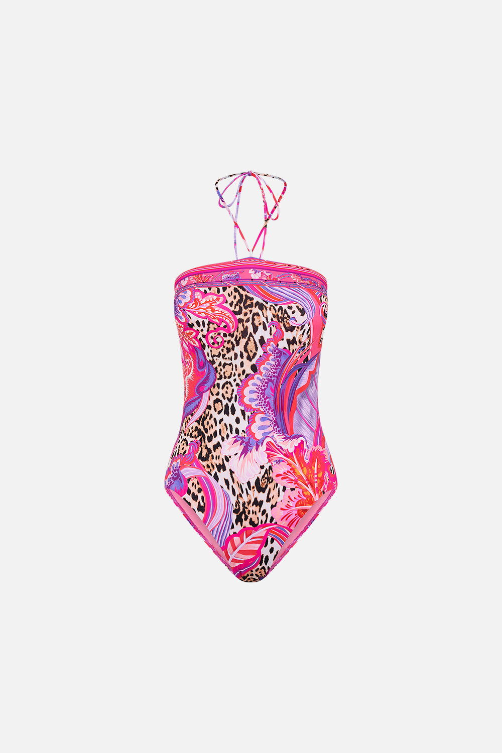 The CAMILLA BANDEAU ONE PIECE WITH HALTER TIE VIOLA VINTAGE in our  print.