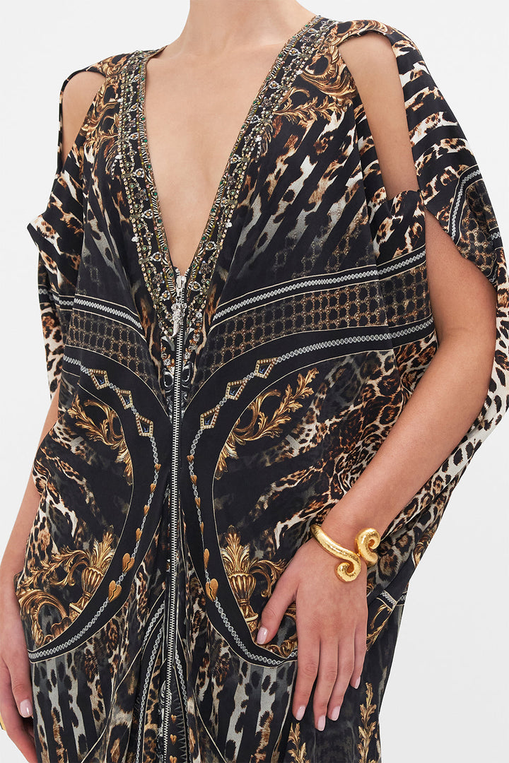 LONG DRAPE DRESS WITH ZIP FRONT CURTAIN CALL CHAOS