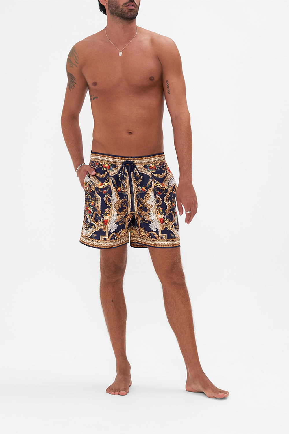 Front view of model wearing Hotel Franks by CAMILLA mens boardshort in Venice Vignette print