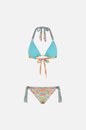 Detail view of model wearing CAMILLA resort wear bikini Sail Away With Me print 