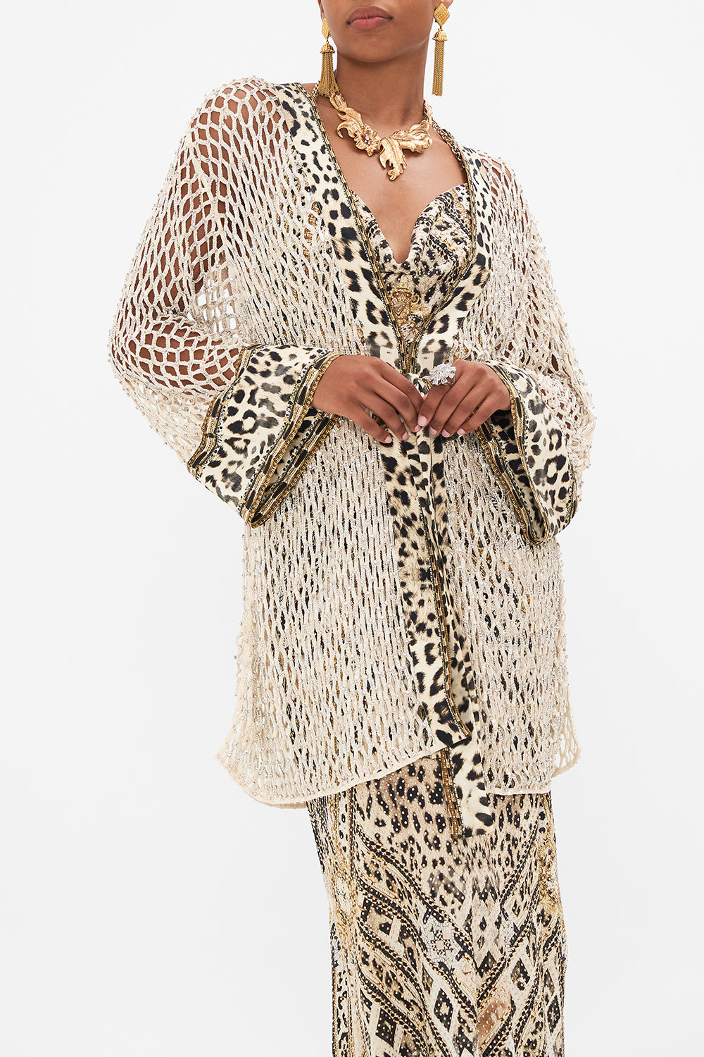 Crop view of model wearing CAMILA silk kimono in Mosaic Muse print