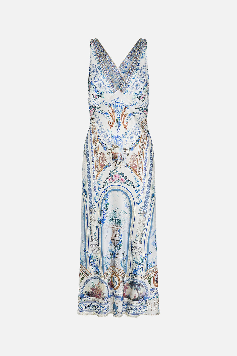 Product view of CAMILLA silk slip dress in Season of The Siren print 