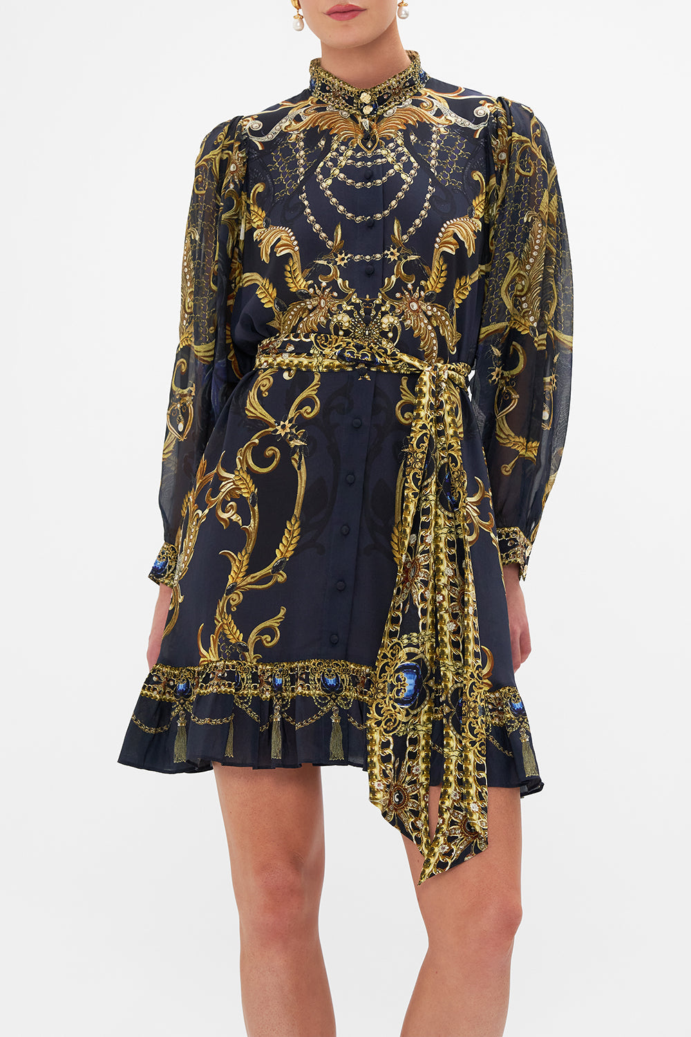 Crop view of model wearing CAMILLA silk shirt in Moonlight Melodies print