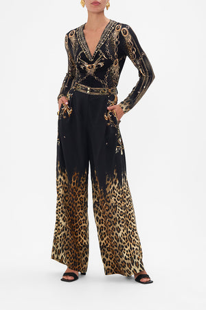 Front view of model wearing CAMILLA silk wide leg pants in Jungle Dreaming print