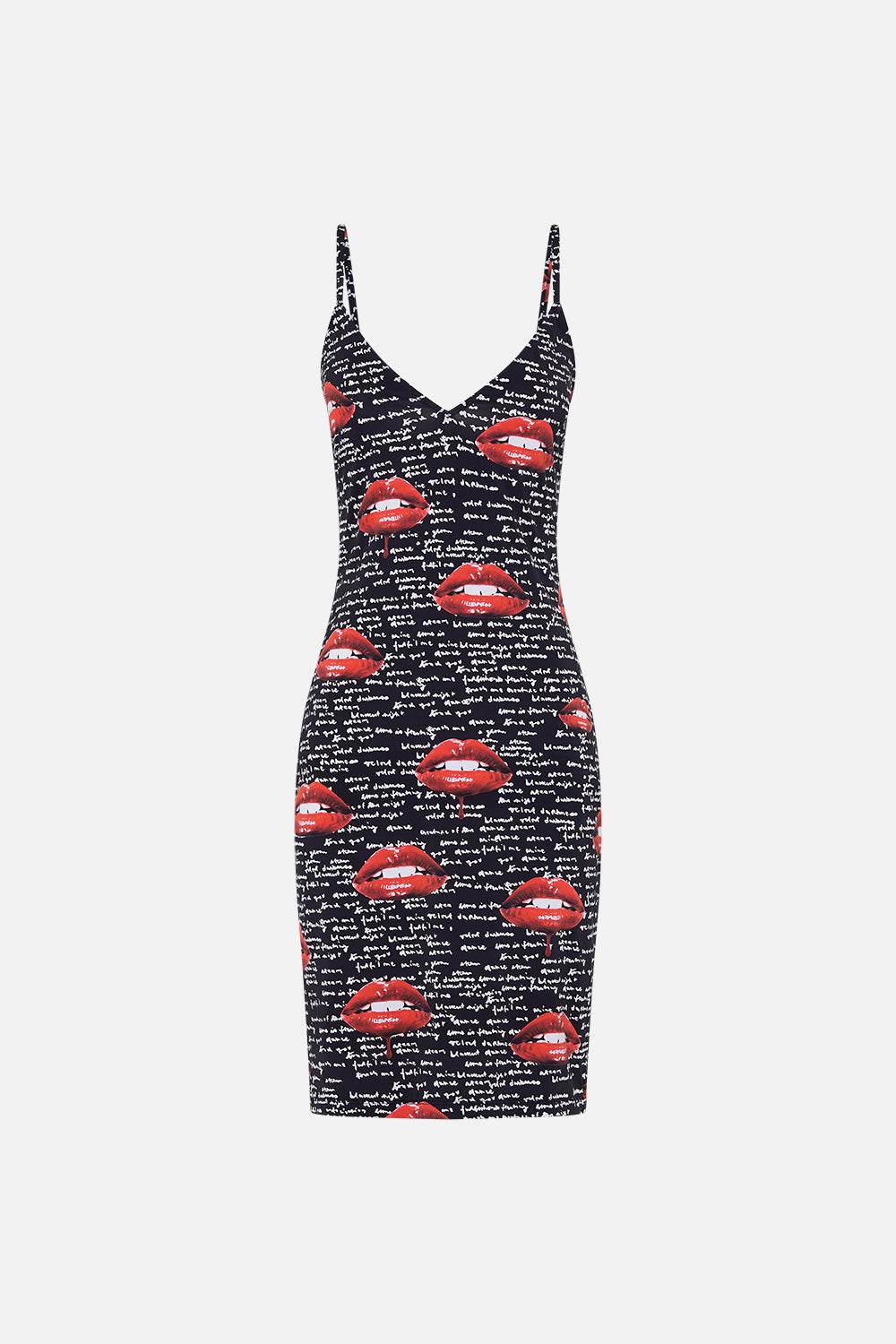 Product view of CAMILLA black slip dress in Chaos Magic print 