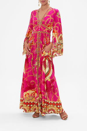 Front view of model wearing CAMILLA pink silk maxi dress in Wild And Running  print 