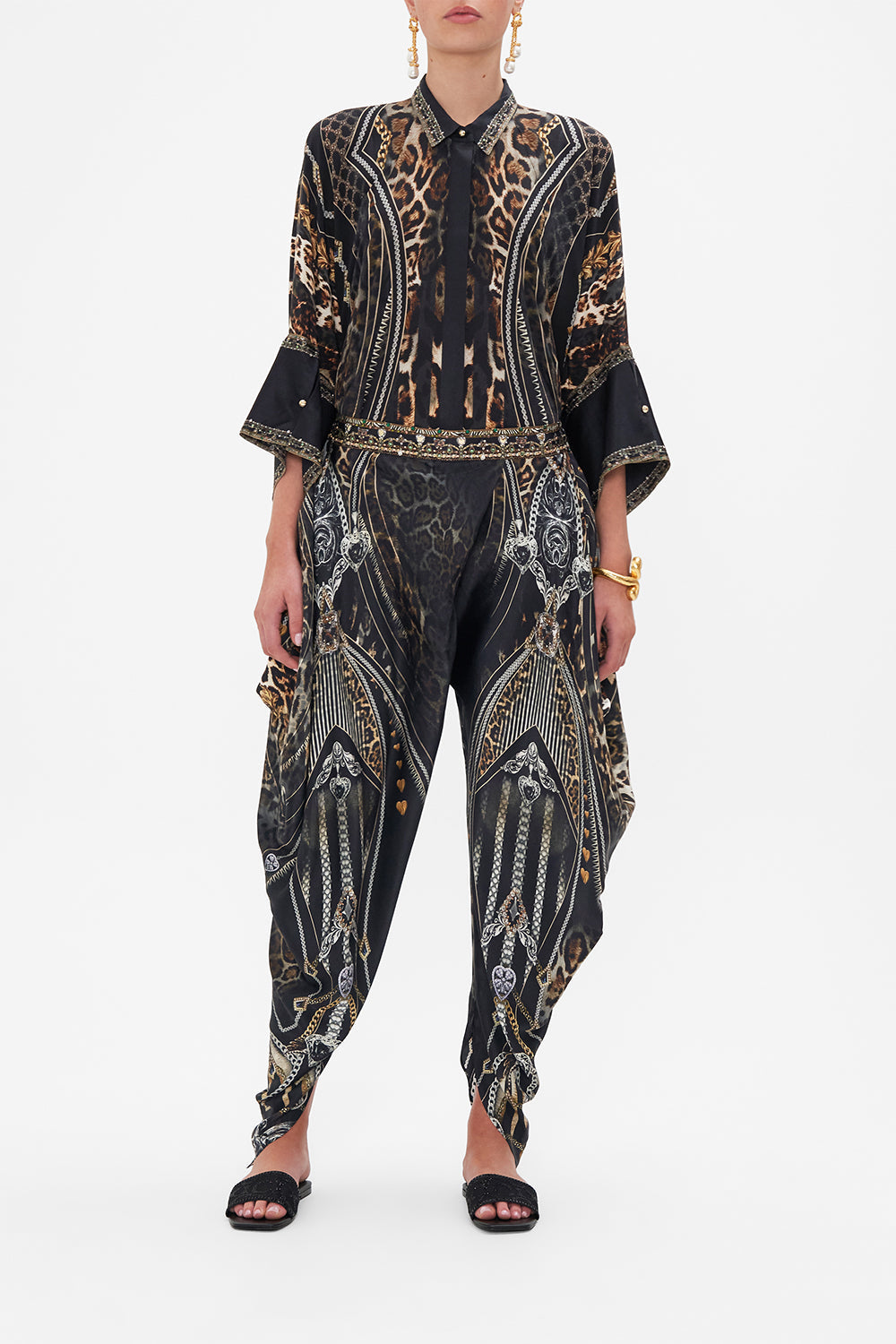 Front view of model wearing CAMILLA drapey silk pants  in Chaos In The Cosmos animal print