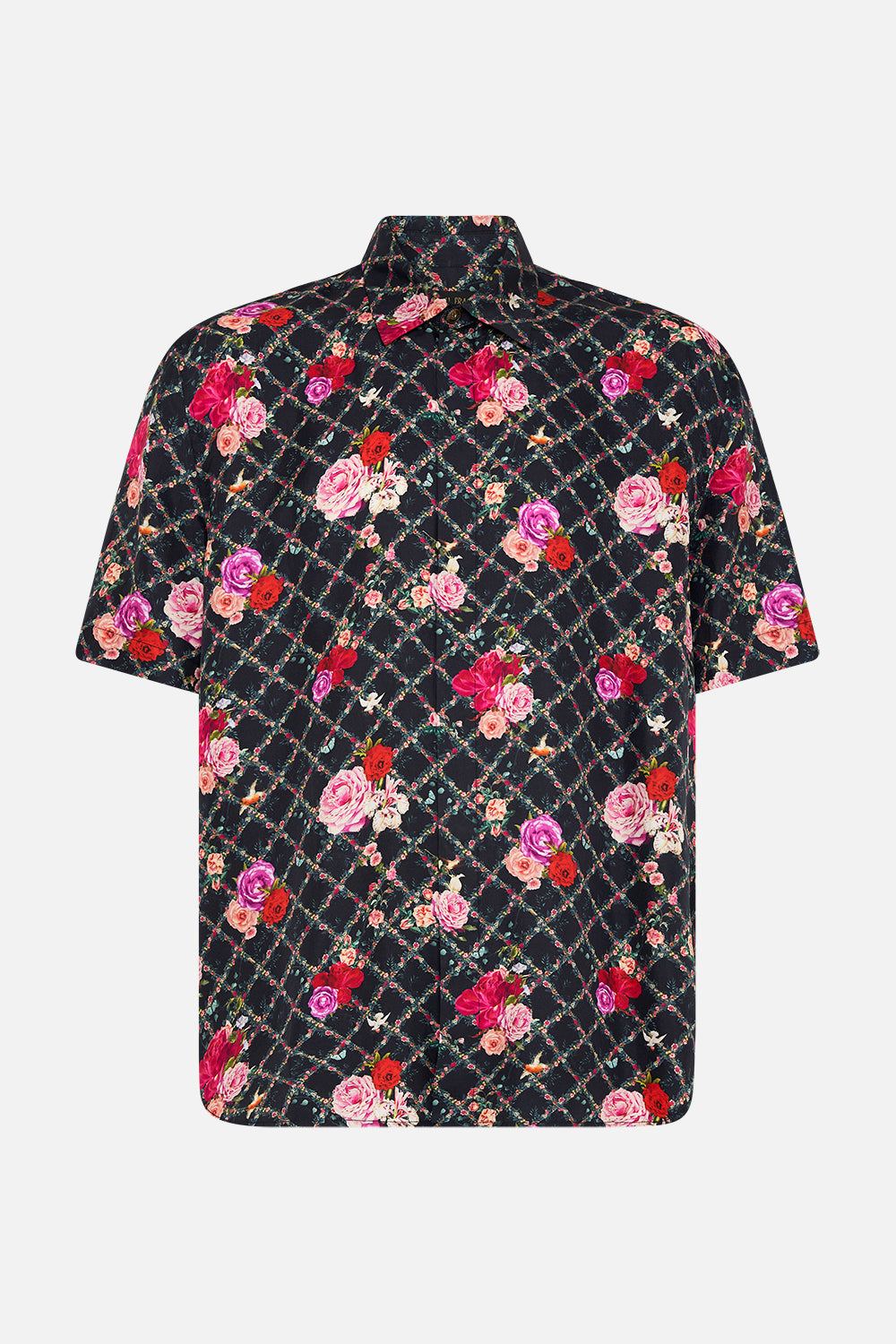 Product view of CAMILLA silk short sleeve shirt in Reservation For Love print 