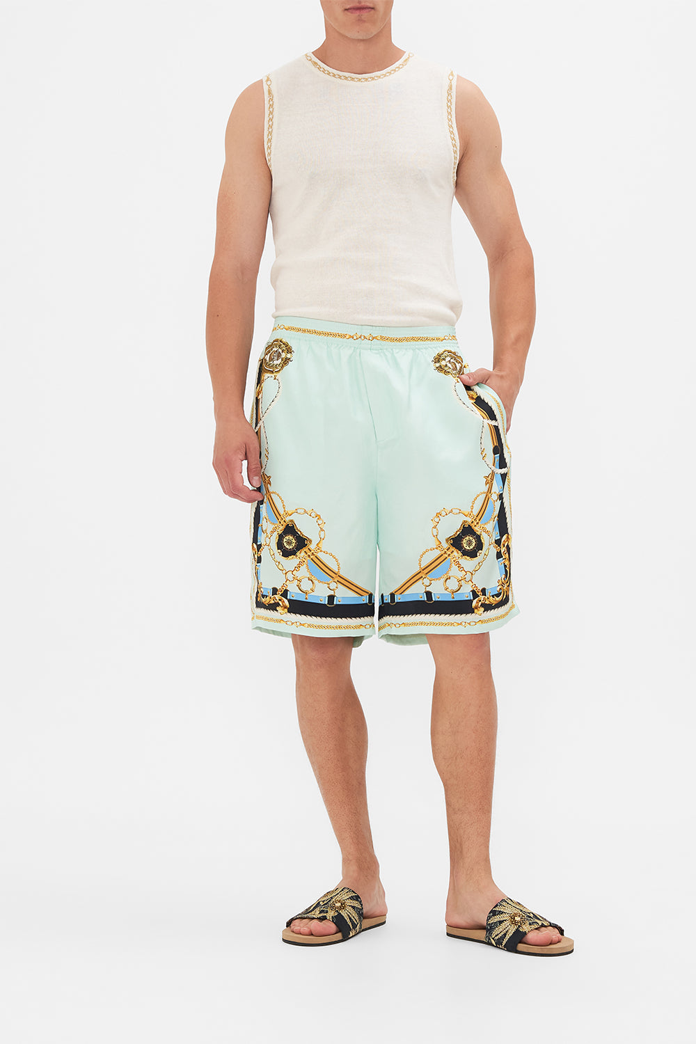 Front view of model wearing Hotel Franks By CAMILLA mens walk short in Sea Charm print 