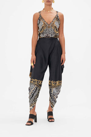 Front view of model wearing CAMILLA silk drapred pant in Look Up Tesoro print