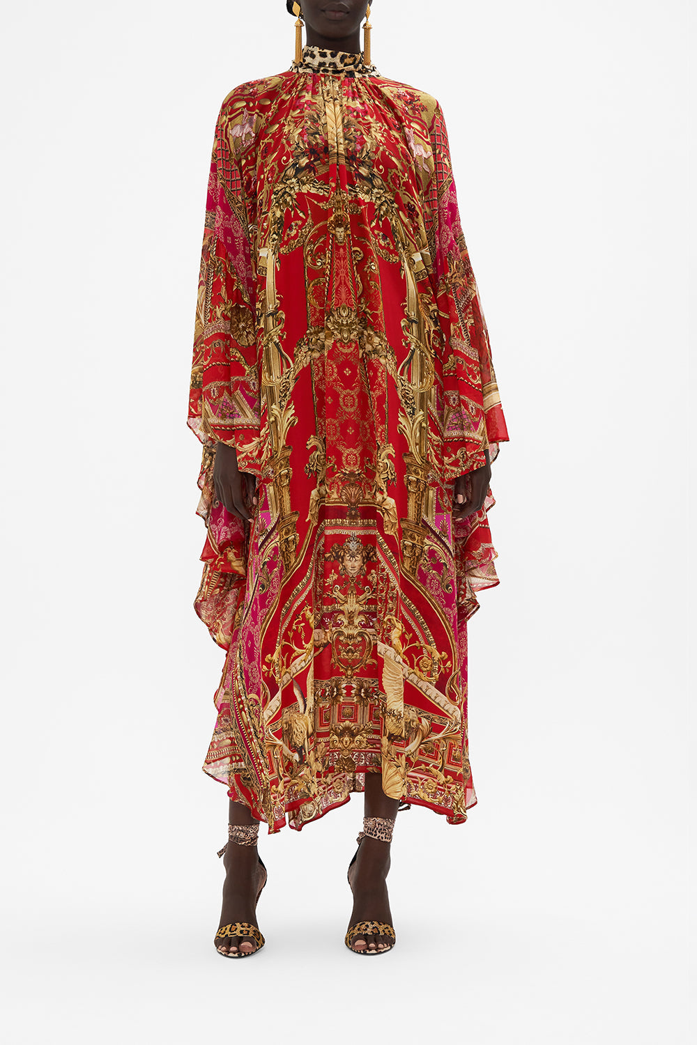 Front view of model wearing CAMILLA red printed silk kaftan in Sweet Soprano print