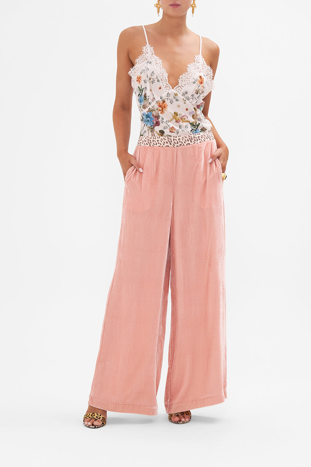 Front view of model wearing CAMILLA pink pants in Bambino Bliss