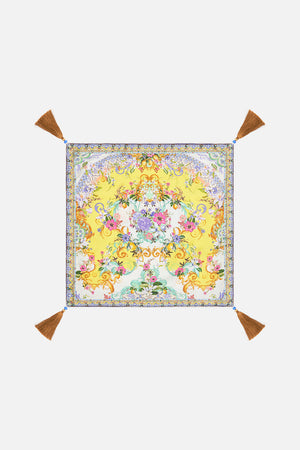 Product view of VILLA CAMILLA home yellow printed silk cushion in Caterina Spritz print