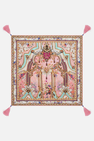 Product view of VILLA CAMILLA home silk square cushion in Letters from the Pink Room print
