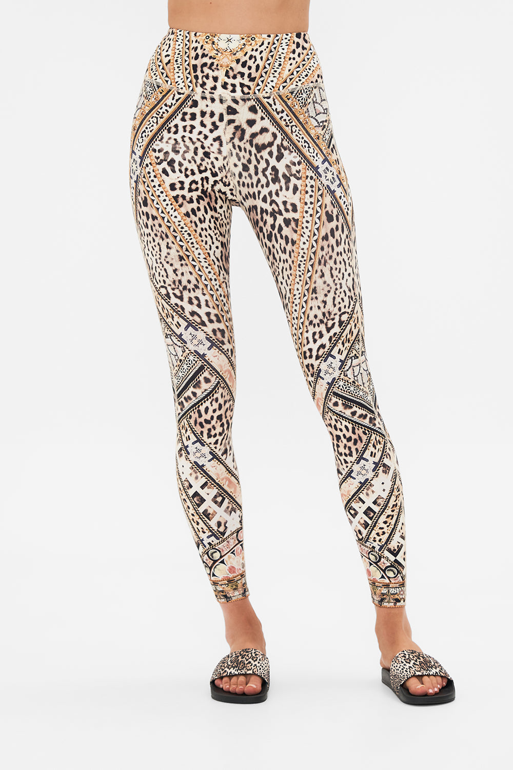 Crop view of model wearing CAMILLA animal print leggings in Mosaic Muse