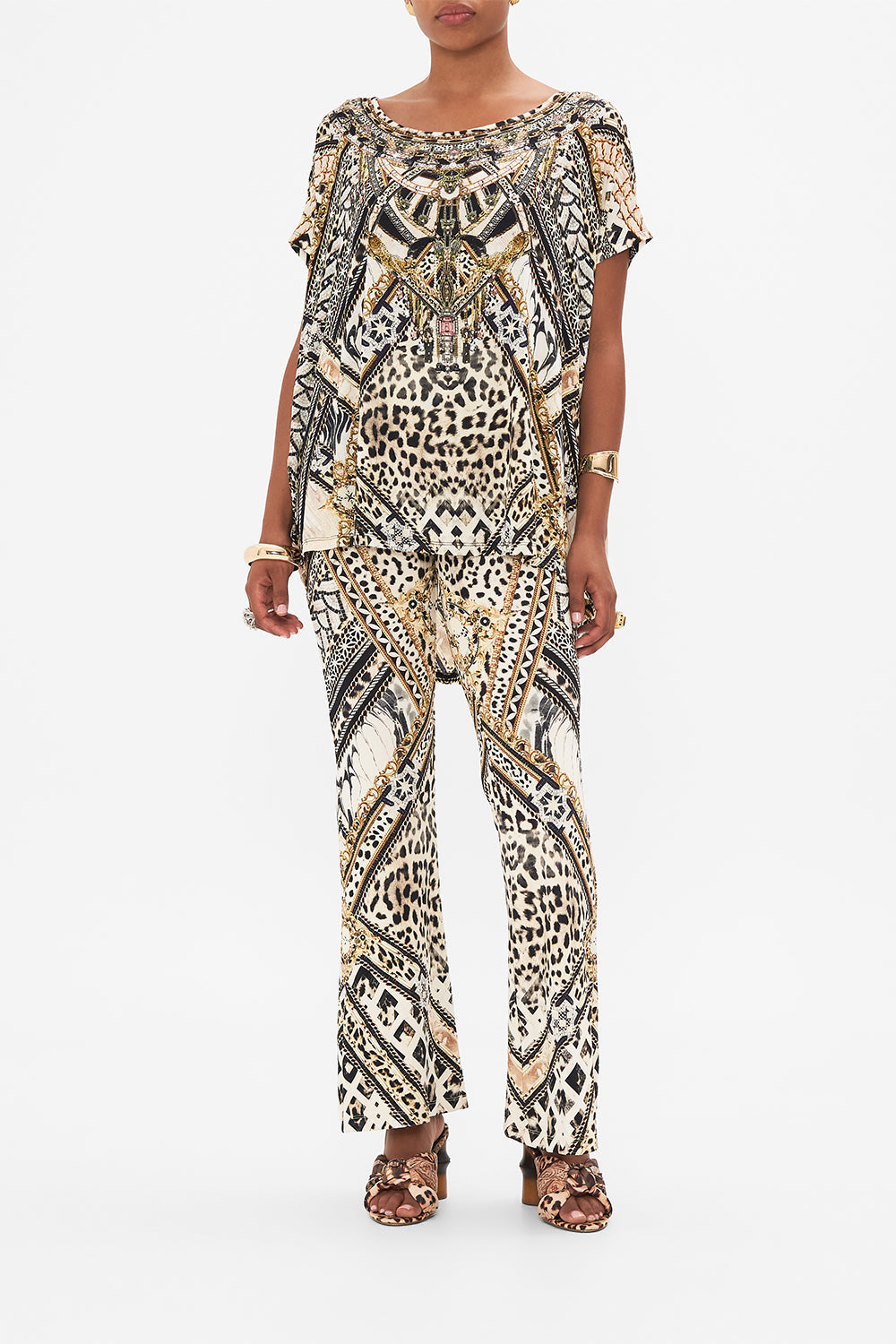 Front view of model wearing CAMILLA animal print tee in Mosaic Muse