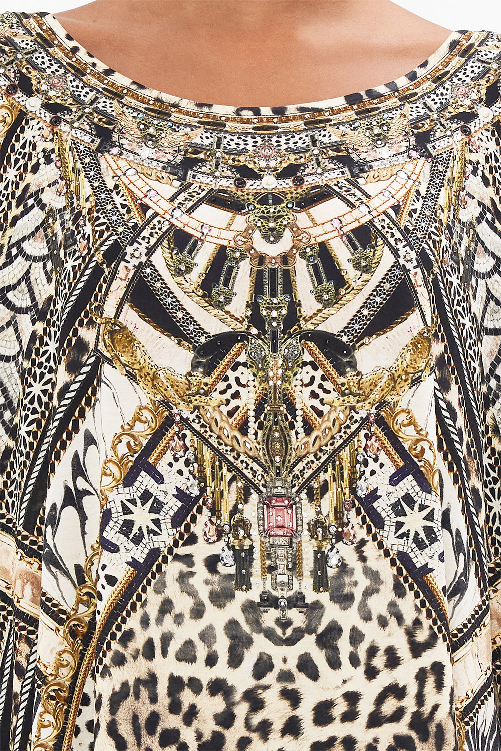 Detail view of model wearing CAMILLA animal print tee in Mosaic Muse