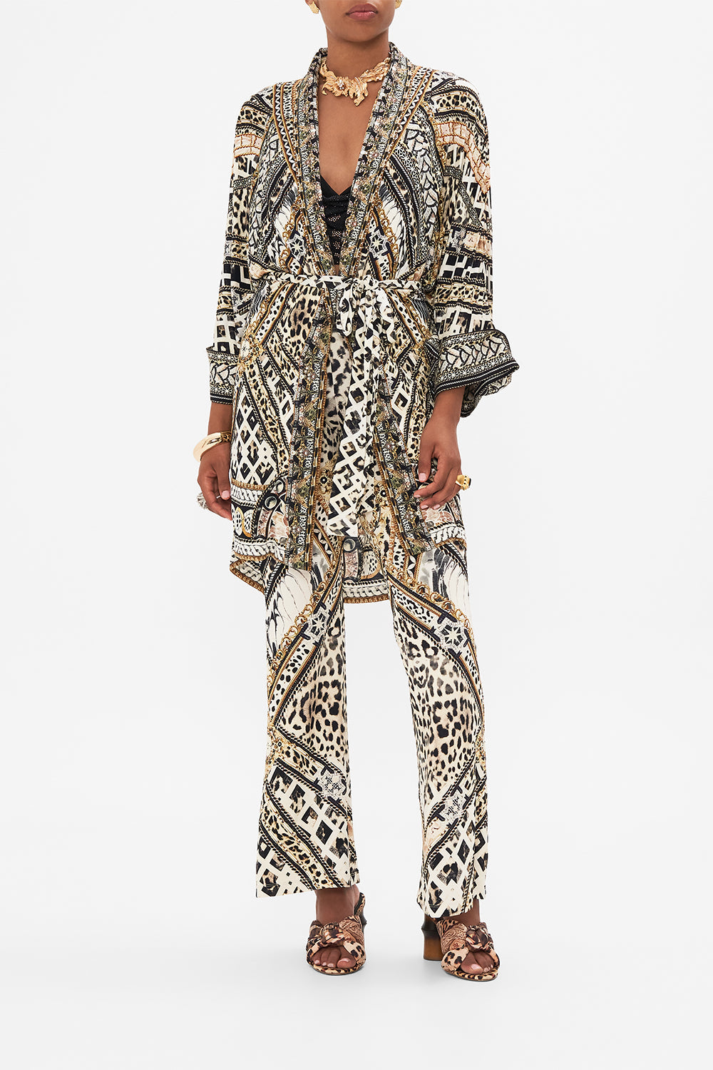 Front view of model wearing CAMILLA animal print robe in Mosaic Muse 