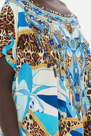 Detail view of model wearing CAMILLA designer t shirt in Sky Cheetah print 