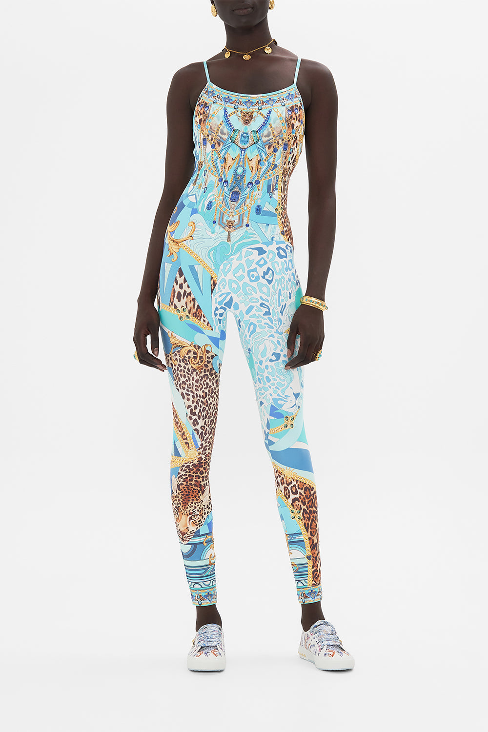 Front view of model wearing CAMILLA designer catsuit in Sky Cheetah print