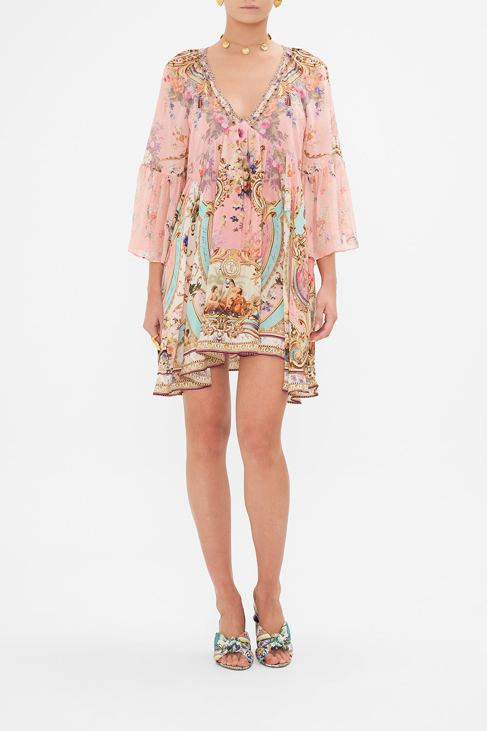 Front view of model wearing CAMILLA pink silk dress in Letters from the Pink Room print