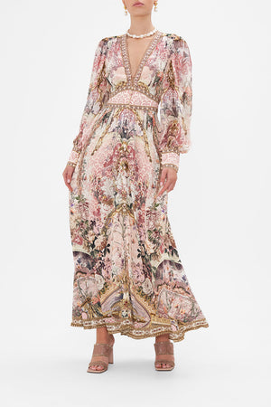 Front view of model wearing CAMILLA silk floral maxi dress in Kissed By The Prince print